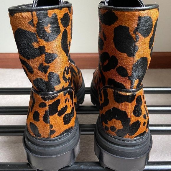 SCHUTZ Women Maylova Leopard Leather Calf Hair Combat Boots NEW NWOB - Picture 5 of 8